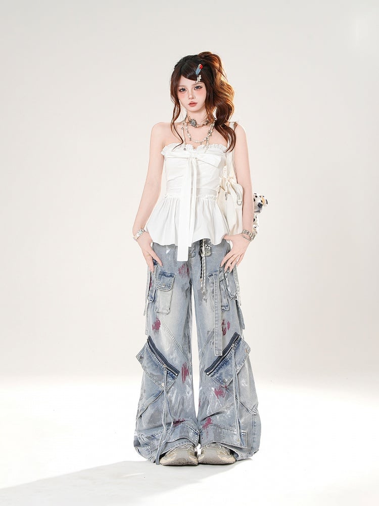 Big Bow Neckline White/Blue Strapless Top Plaid