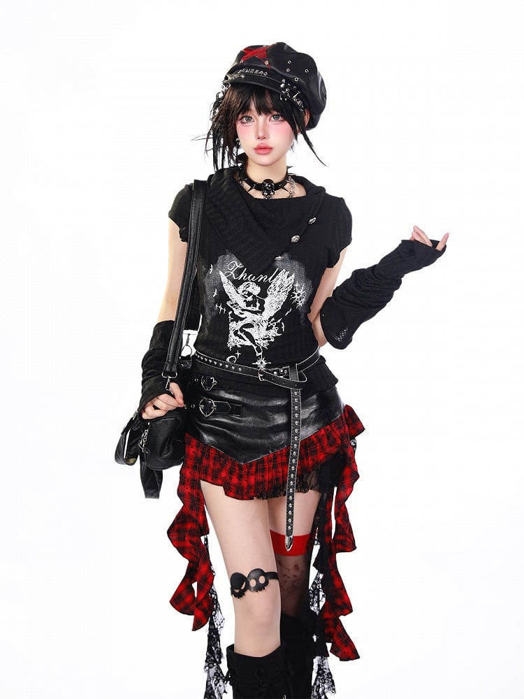 Dark Aesthetic Black Knit T-shirt with Angel Print