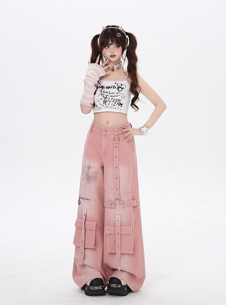Print Strap Details Vintage Jeans Wide-Leg Cargo Pink Butterfly
