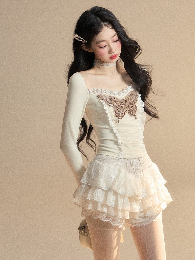 Apricot Lace Butterfly Embroidered Plush Cuff Glamorous Top Knitted Trim