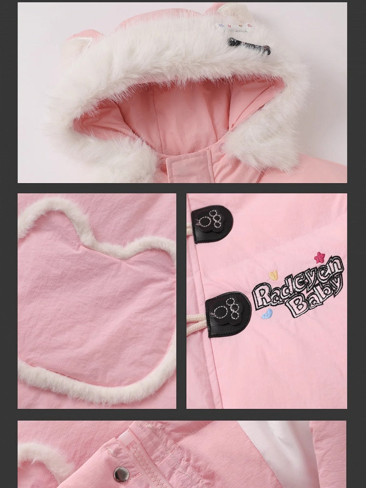 Schwarz/Rosa Pufferjacke mit Katzenohren-Design und Buchstaben