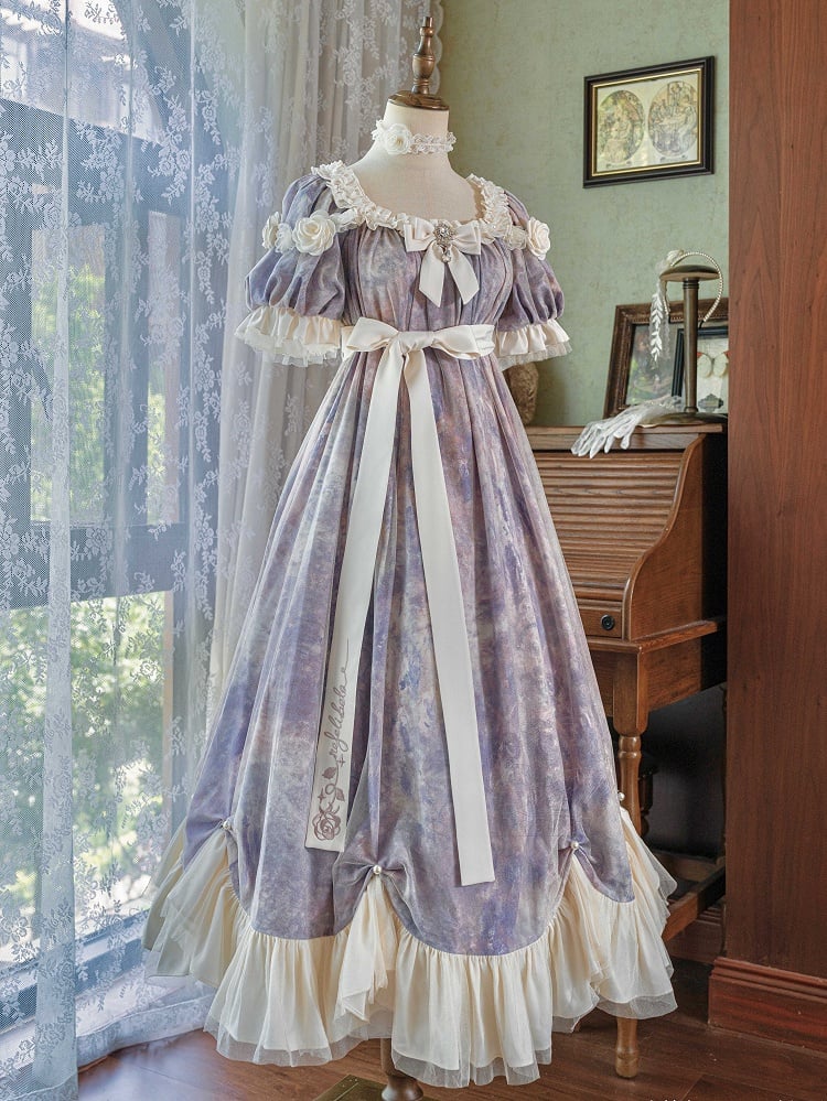 Classic Empire Maxi Piece Purple Lolita Oil One Elegant Waist Painting Dress Print