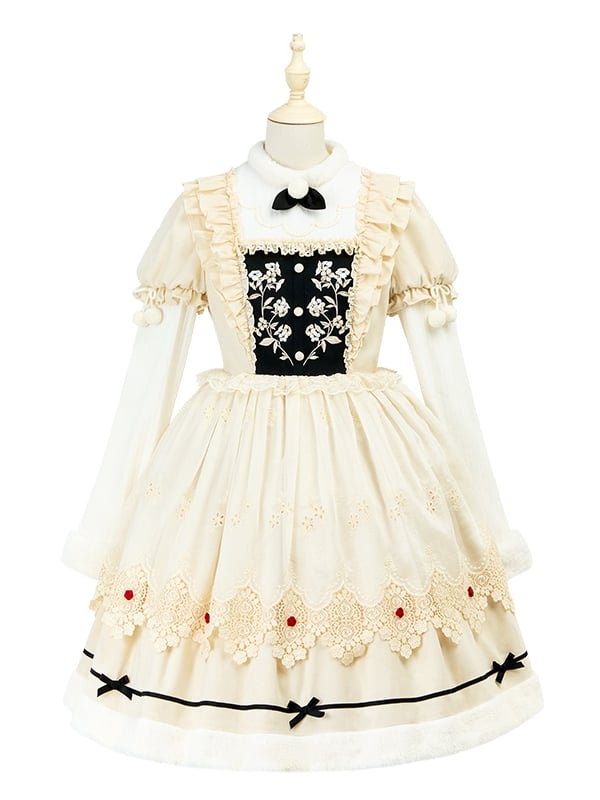 and Neckline Beige Long Sleeves Cuffs Lolita Floral Plush Dress Bodice Embroidery
