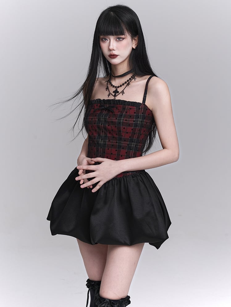 Red Plaid Basque Waist Mini Cami Dress Bubble Skirt