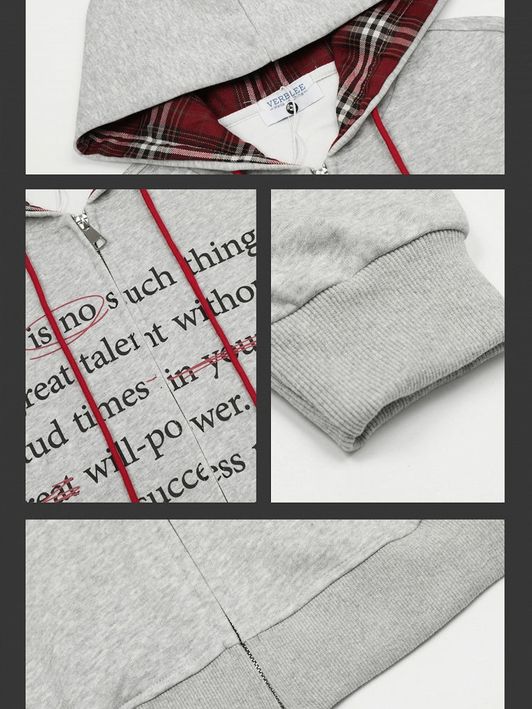 Y2K Schwarz/Grau Buchstaben Lockerer Reißverschluss-Hoodie