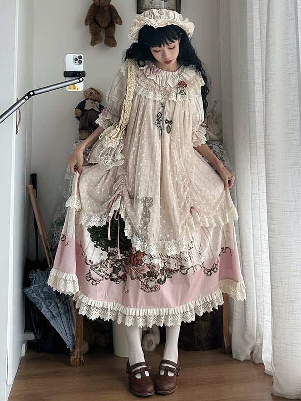 Available Cotton Ruffle Drawstring Dress Neck Plus Round Sizes Overlay Lolita Sweet