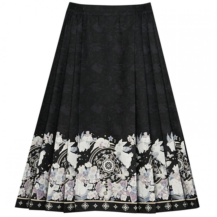 Schwarzer plissierter Midirock im Cheongsam-Stil mit Mondhasen-Motiv