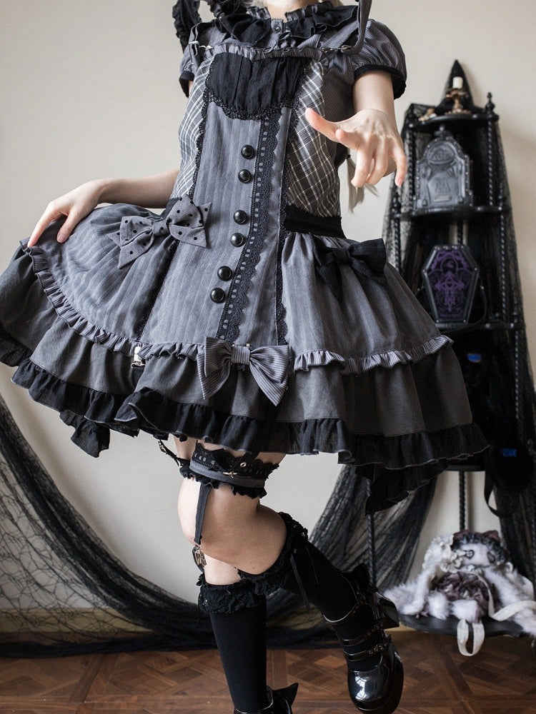 Detachable Bodice Gray Dark Overall Hood Plaid Lolita Ears Bunny Dress with Pattern