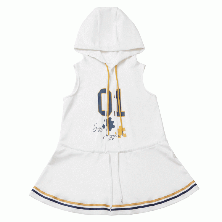 Dress with Yellow Drawstring Hem Hood,Blue Waist Striped Hoodie and Blokette Sleeveless White