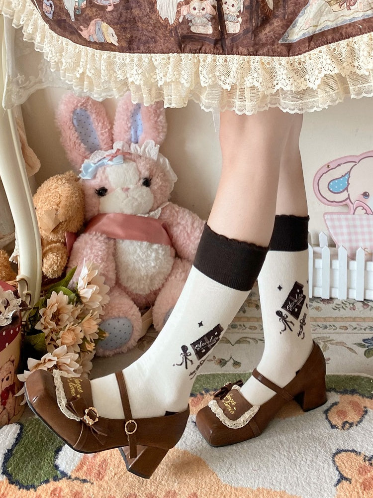 Socks Print Bowknot Lolita Calf White Details Chocolate