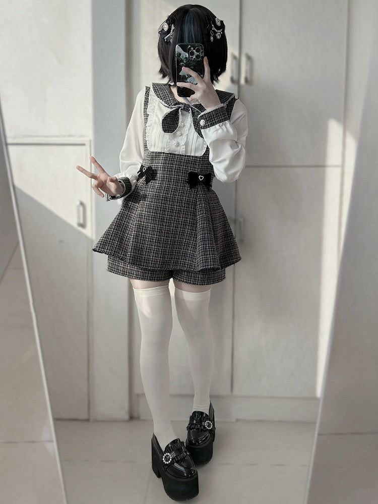 Bowknot Kei Plaid Details Jirai Black Outfit-Pleating Long + Top Shorts Sleeves Design