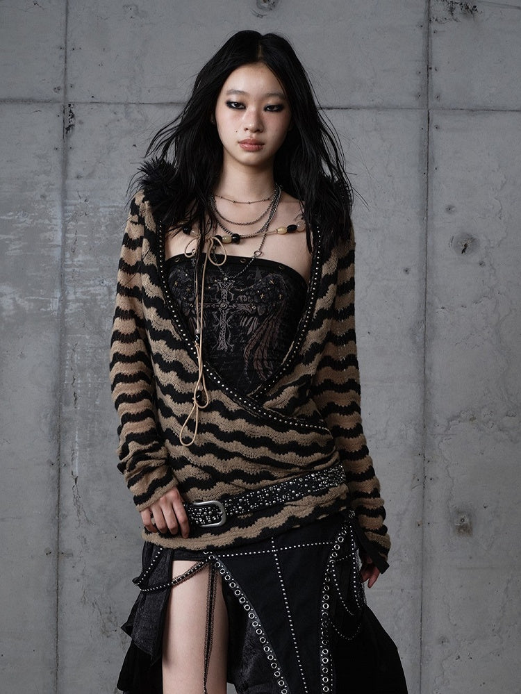 Bustier Set Top Brown Knit Striped Deconstructed Wing Black Print