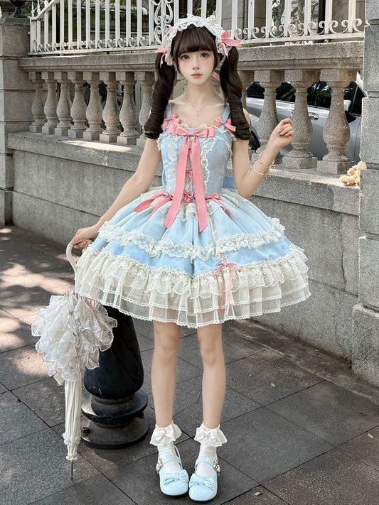 Blaues Kleid Bowknots Süßer Rock Balletcore Lolita Jumper Verziert
