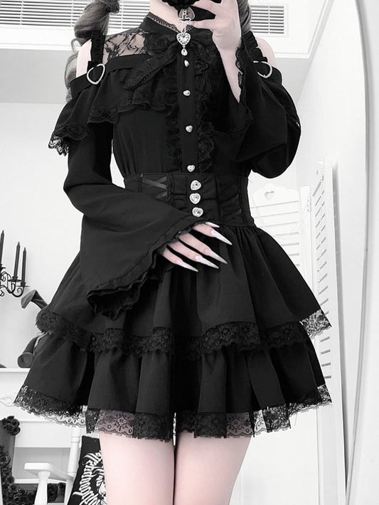 Offenes Jirai Kei Bell Shoulders Black Set: mit Top Three-Piece Sleeves All