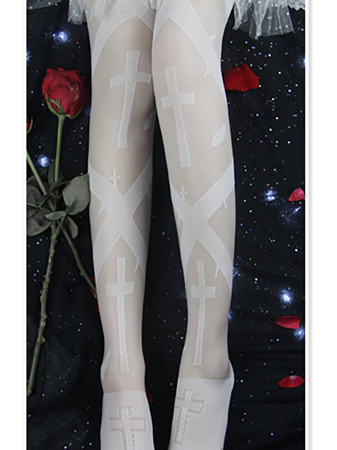 Cross Overknee Stockings Black/White Print Gothic