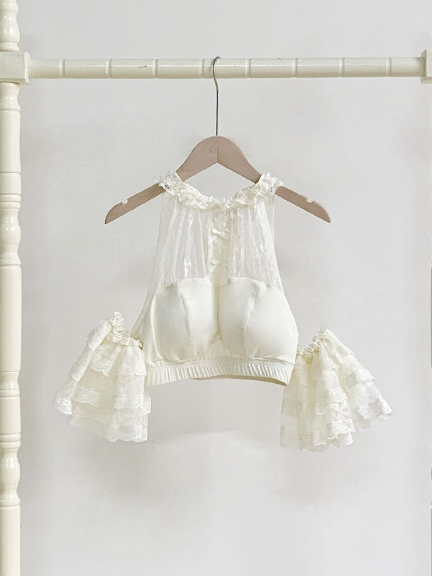 Detachable Neck Beige Flutter Sleeves with Lace Cropped Halter Top