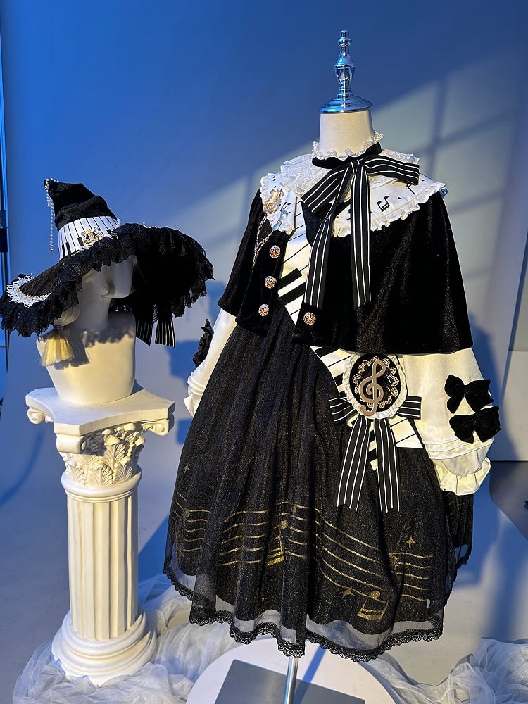 音符プリントの白黒長袖ロリータOPフルセット