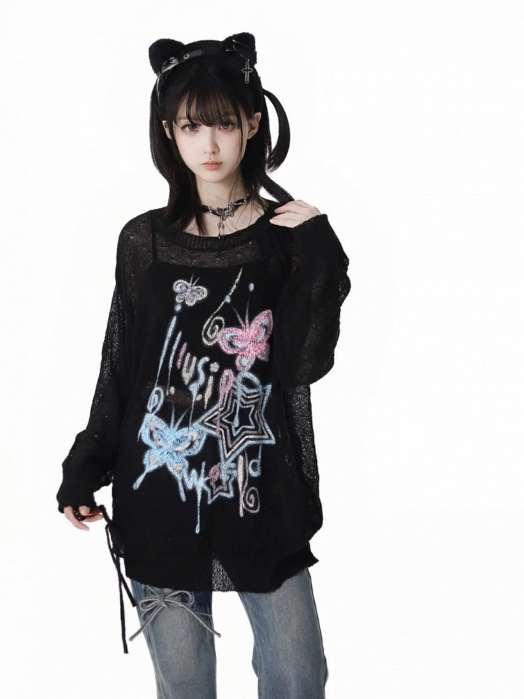 Semi-sheer Butterfly and Star Color Print Sun Protection Top Macaron Black/White