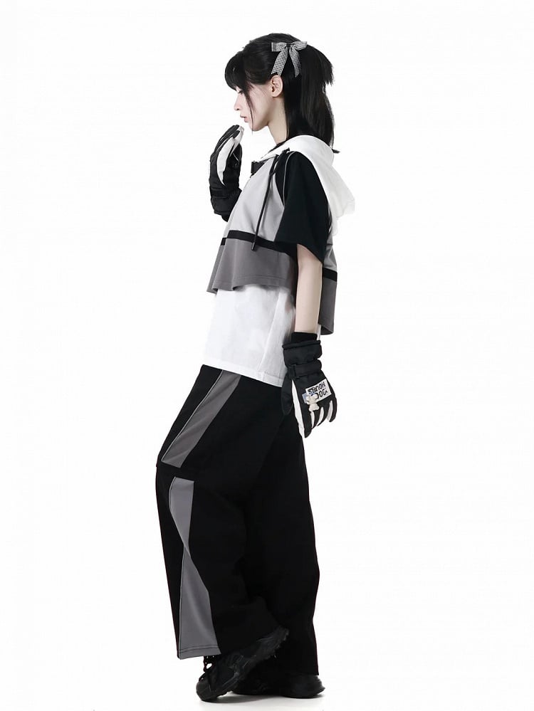 Weste Grau Colorblock Design Techwear Kapuze Cropped