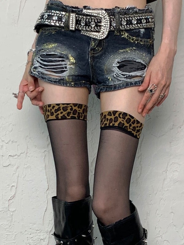 Leopard Pattern Black Y2K Overknee Cuffs Stockings