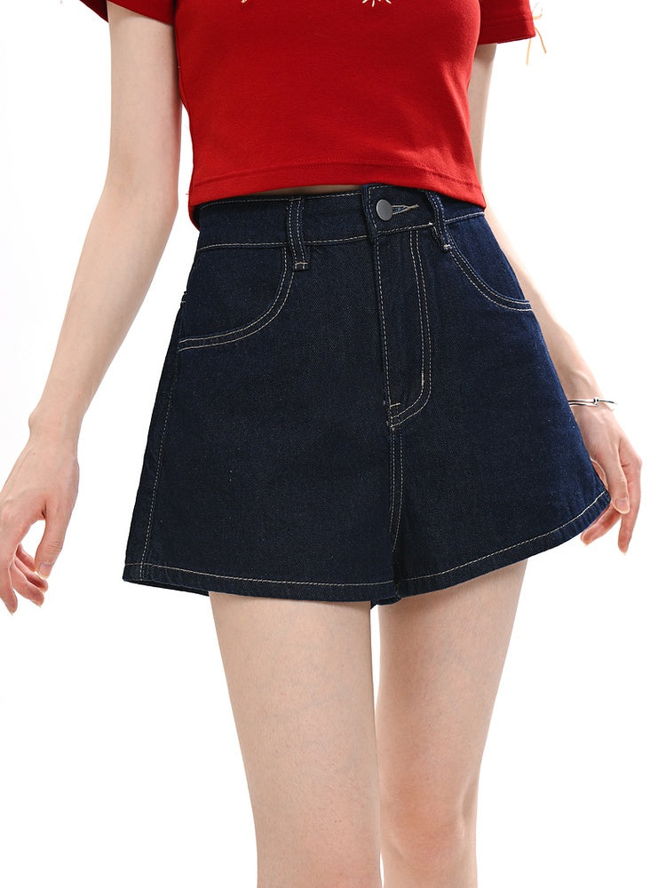 Blue Wide-leg Denim Shorts Kitty Embroidery Back