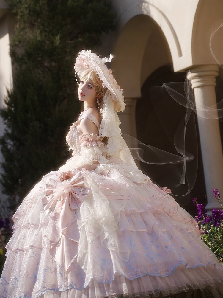 Hem Floor Pink Layered Waist Hanayome Dress Length Corset Floral with Embroidery Hime Lolita Version Long