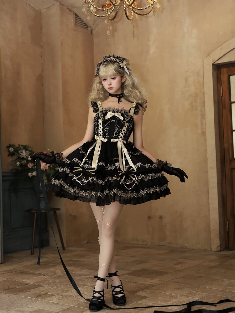 Bead Black Princess Decorated Dress Bows Lolita Tiered Skirt Chain