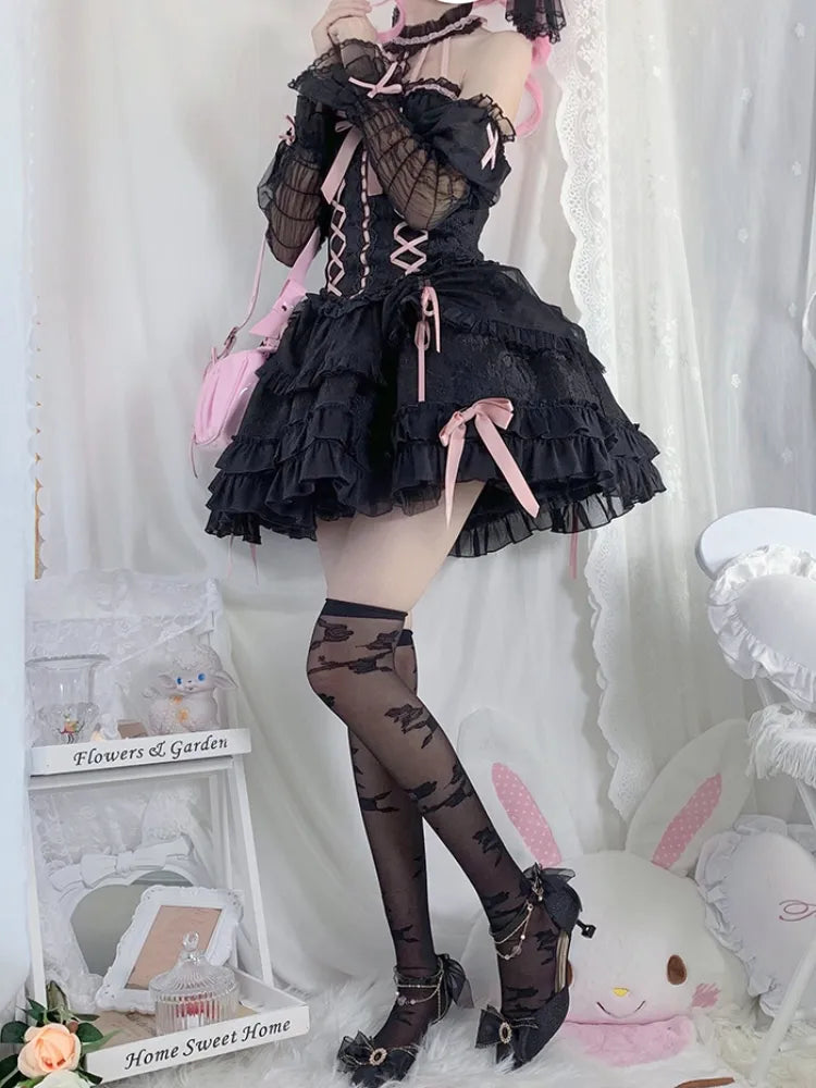 Cross Belle Black and Pink Halter Neck Corset Dress Balletcore Lolita JSK