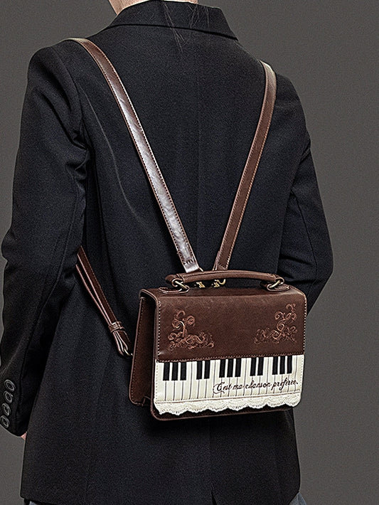 Vintage Small-Sized Brown Piano-Themed Crossbody  Backpack Briefcase With Embroidered Floral Accents