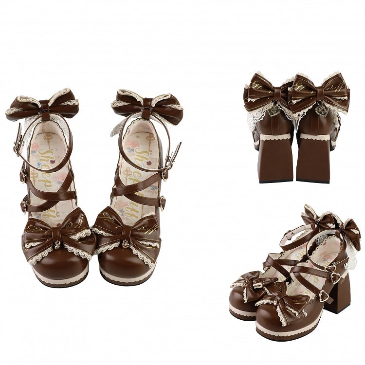 Heart Block Detachable at High Crisscross Brown Buckles Design Top Heels Bow