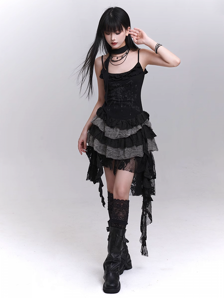 Patchwork Black Lace Cascading Ruffles Skirt