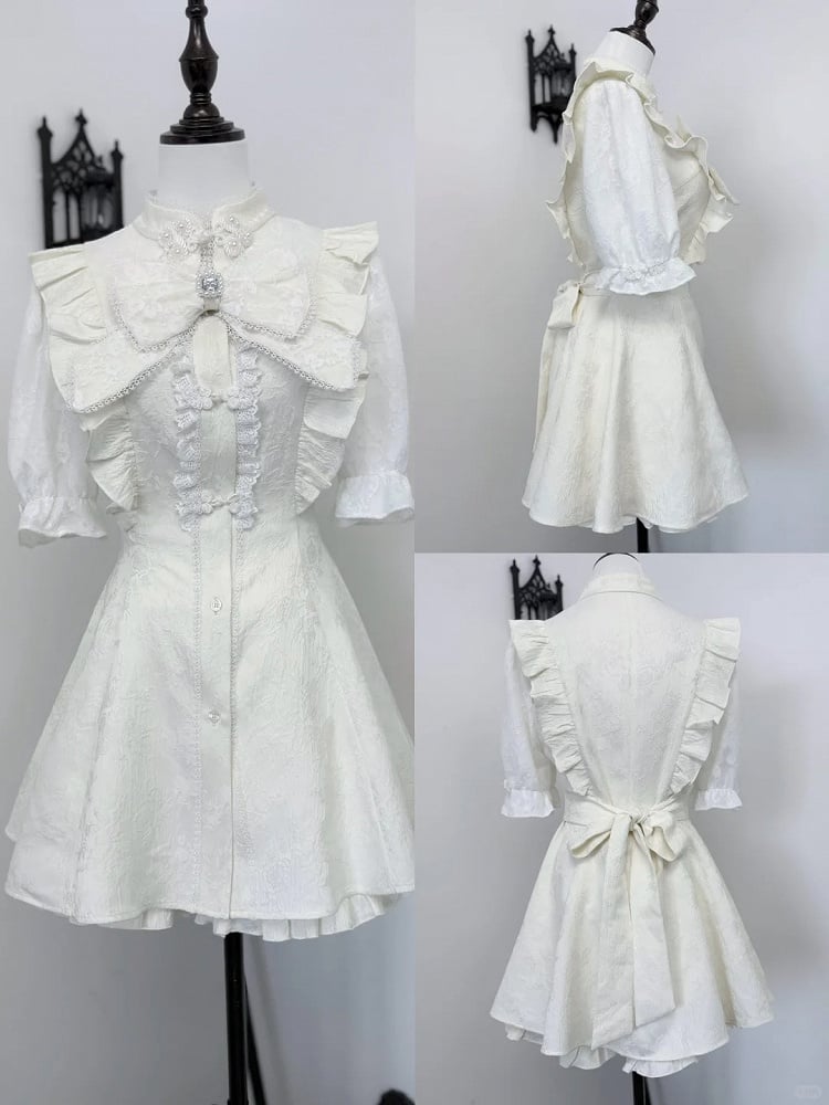 Tie+Hairclips Y2K Sleeves Dress+Shorts+Bow Kei Set-Cheongsam Collar Short White Jirai