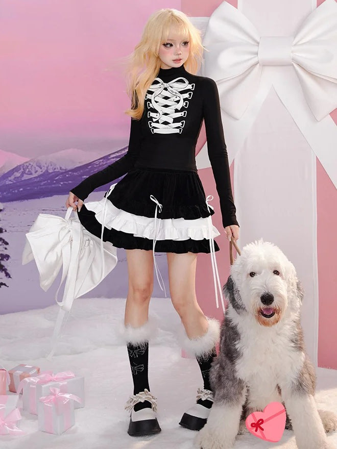 Black Bowknot Lace-Up Print High Neck Long Sleeves Top