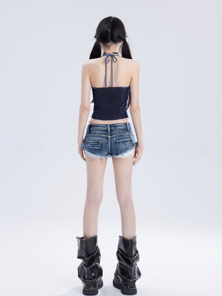 Cropped Denim Blue Halter Neck Metal Top Charms