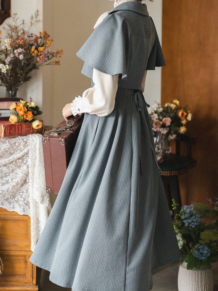 ライトダスティブルーの春ヴィンテージボーン入りハイウエストエレガントクラシックロリータスカート