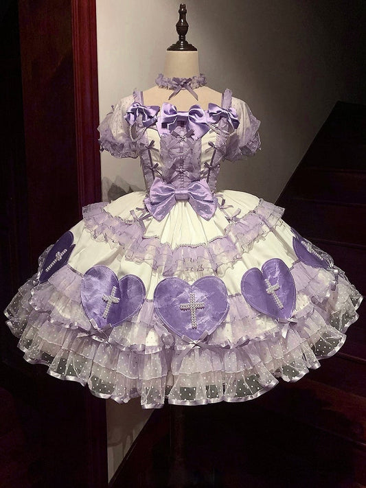 White and Purple Sweetheart Applique Old School Lolita Dress Valentine's Day Fluffy Dress
