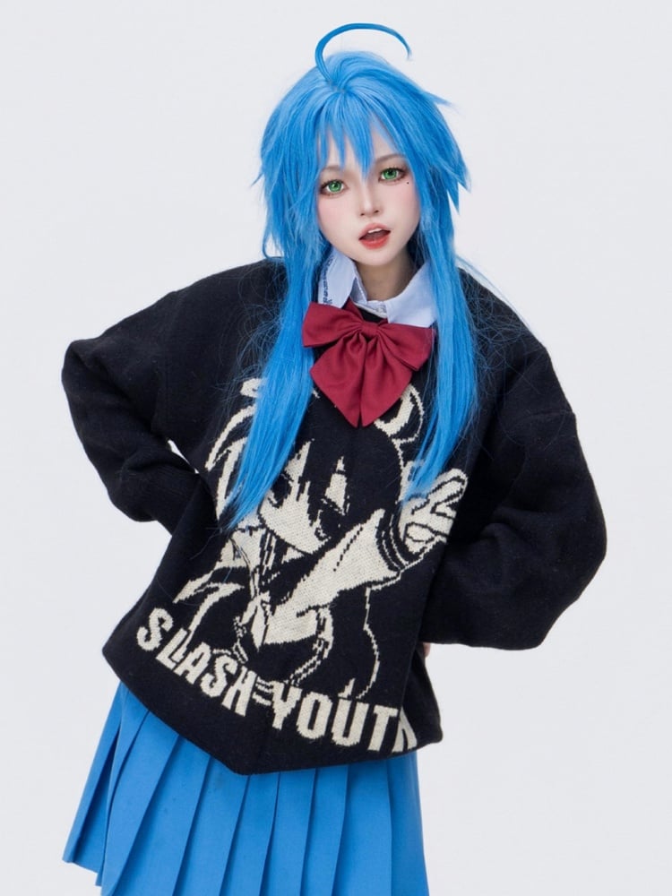 Cartoon Girl Knitted Print And Letter Sweater Black