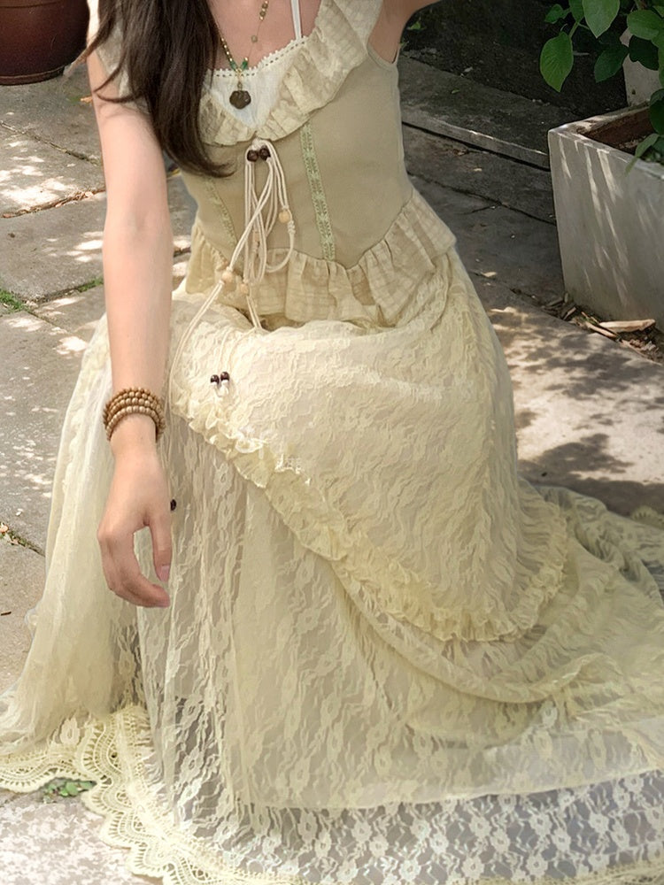 Apricot Elastic Waist Asymmetrical Lace Skirt