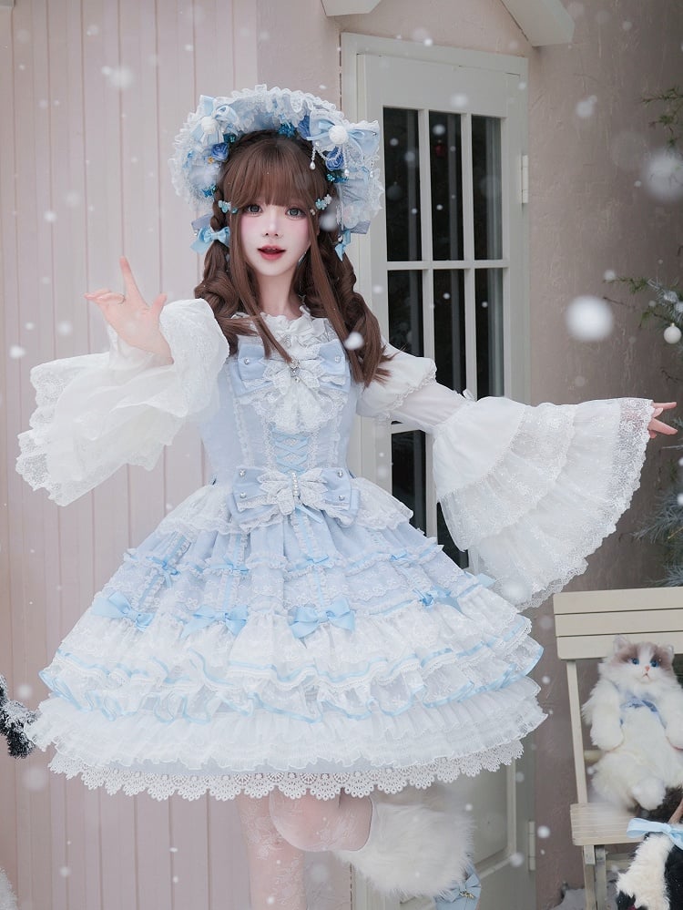 Blauer Lagenrock Hanayome-Kleid Süßer Hime Lolita-Pulloverrock mit abnehmbaren Schleifen