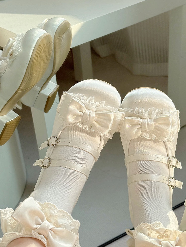 Sweet Janes Double with Mary Satin-Finish Lace Ruffled White Bow PU Lolita Buckles -