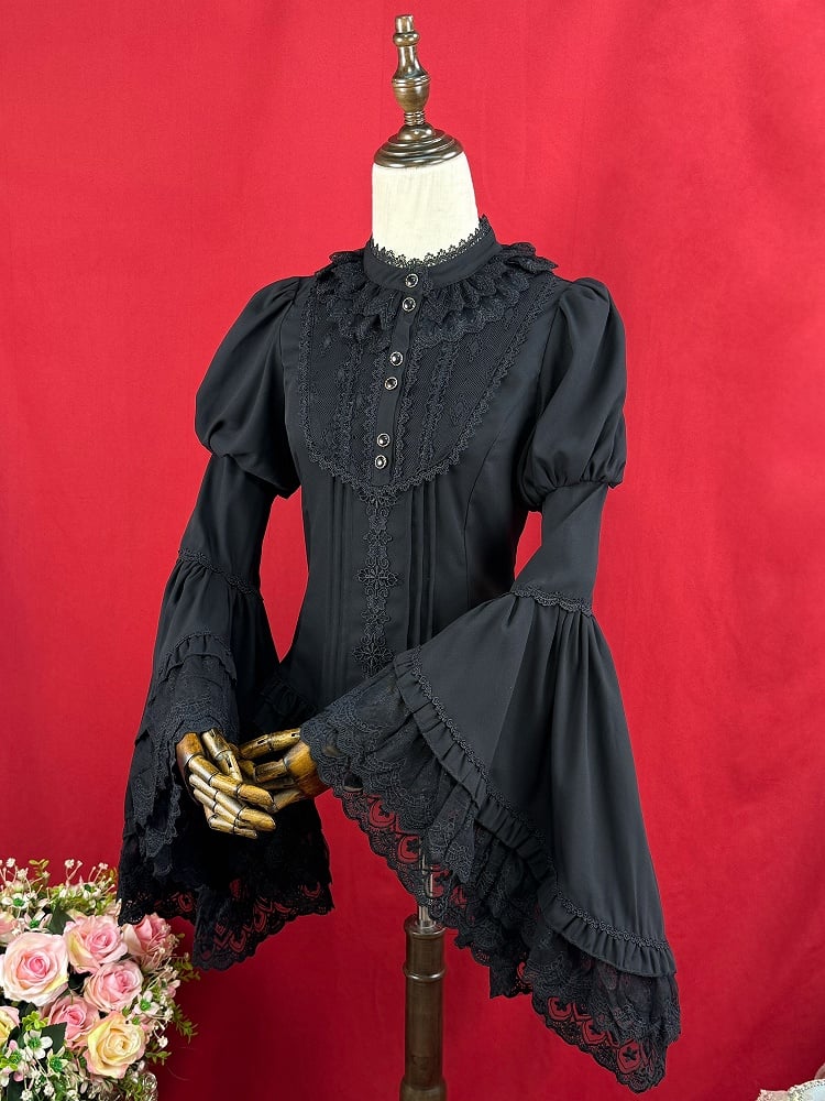 Schwarze elegante Bluse mit langen Glockenärmeln