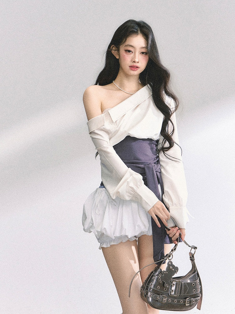 Beige Asymmetrical Neckline Shirt with Purple Corset Belt