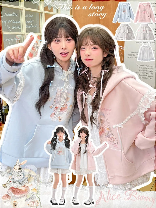 ゆめかわいいピンクのうさぎ耳フードとうさぎプリントのジップクロージャーパーカー