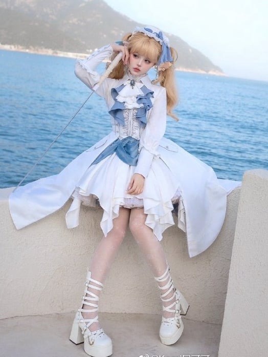 Blue Hem and Skirt Handkerchief White