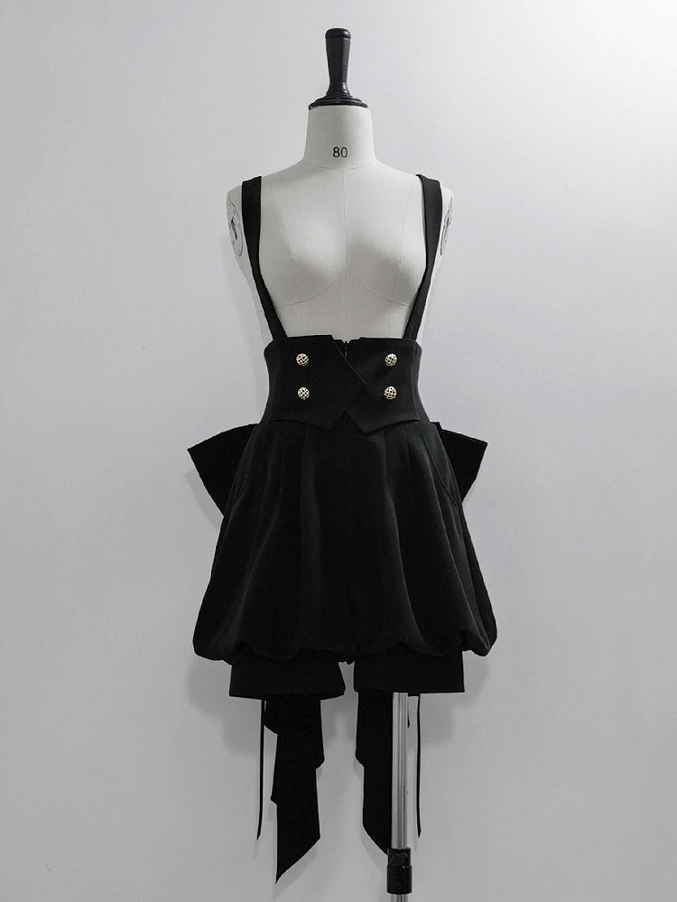Waist Train Big with Bow Ouji Overall Black High Lolita Shorts