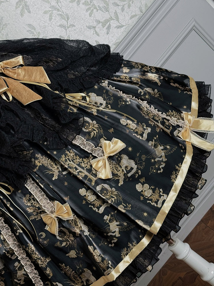 Waist Overlay Lolita and Drawstring Jumper Skirt Corset Black Gold