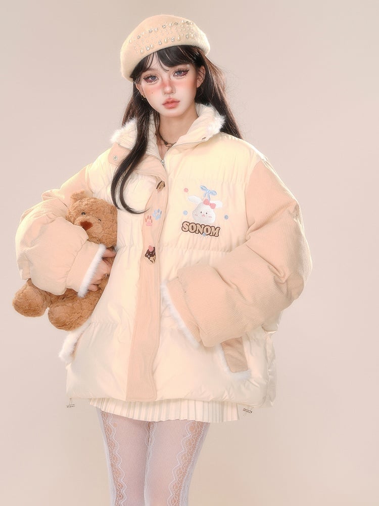 Creamy Yellow Cute Bunny Plush Trim Puffer Jacket