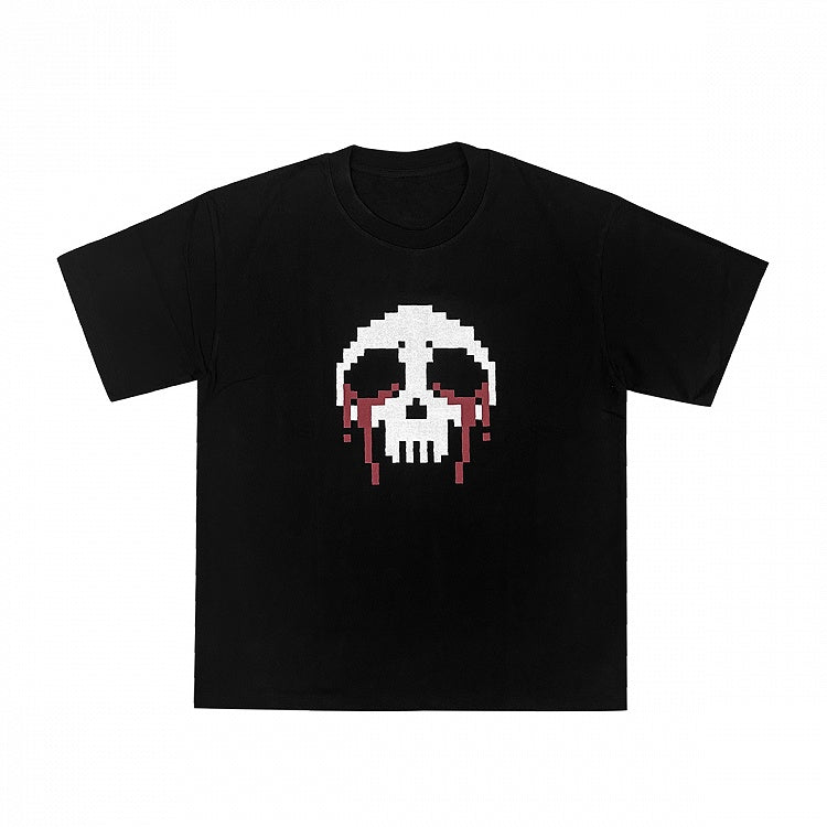 Pixel Round Neck T-Shirt Skeleton Print Cotton Black/White