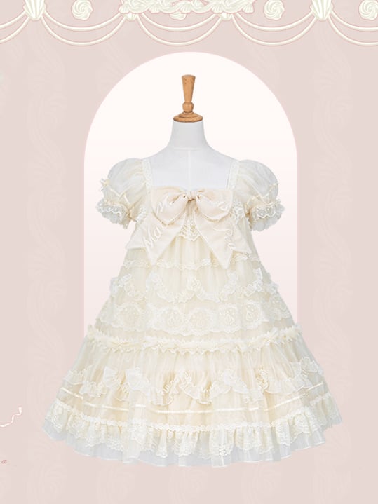White Embroidered Bow Creamy Lolita Dress Sleeves Big Short Puff Neckline