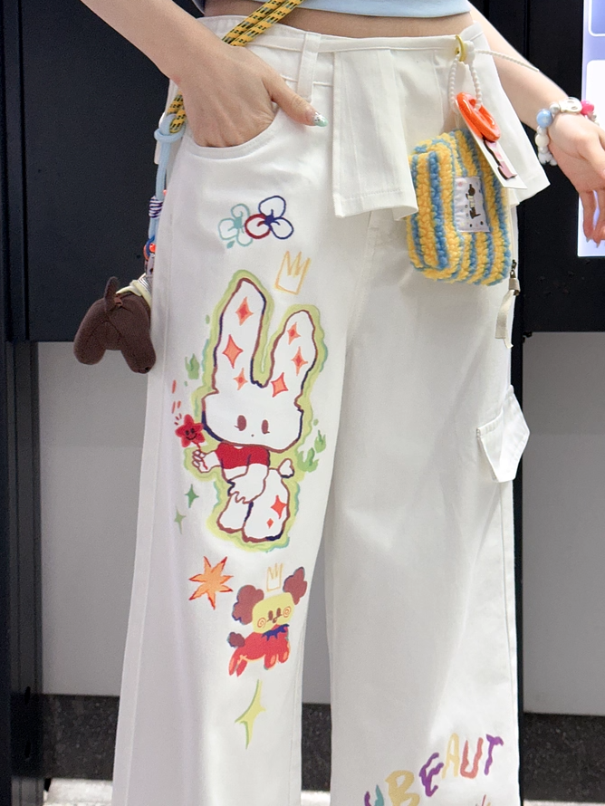 White Low Cartoon Bunny Print Waist Wide-leg Jeans